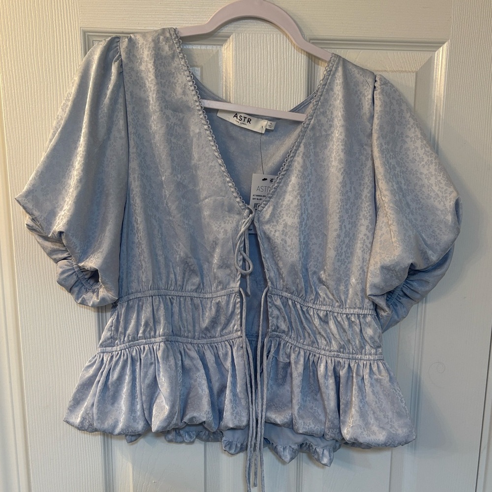 ASTR Women's Light Blue Ruffle Blouse